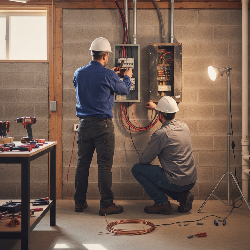Create a realistic, professional service-business photograph showing Electrical Panel Upgrade from behind, with the backs of their heads visible. Do not show any faces, facial features, front-facing views or side views, profiles, or identif