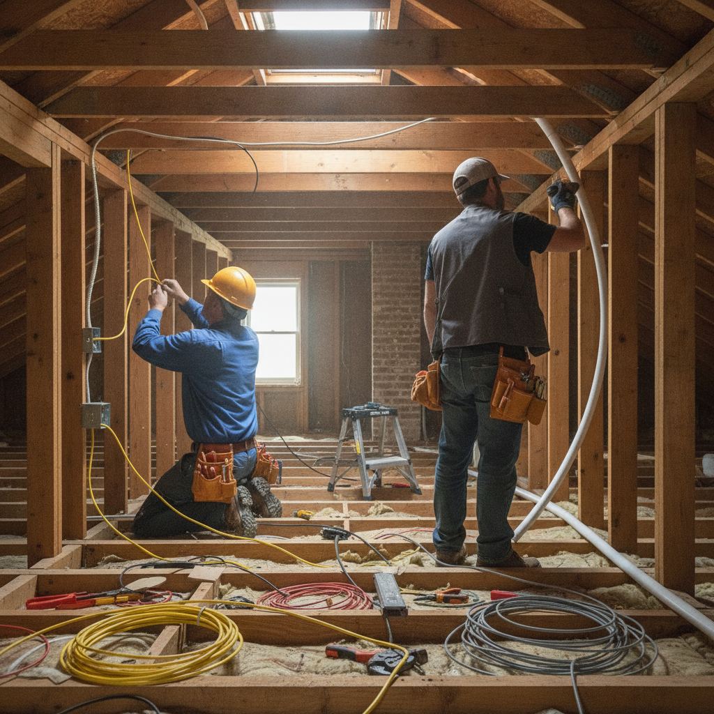 Create a realistic, professional service-business photograph showing Home Electrical Wiring from behind, with the backs of their heads visible. Do not show any faces, facial features, front-facing views or side views, profiles, or identifia