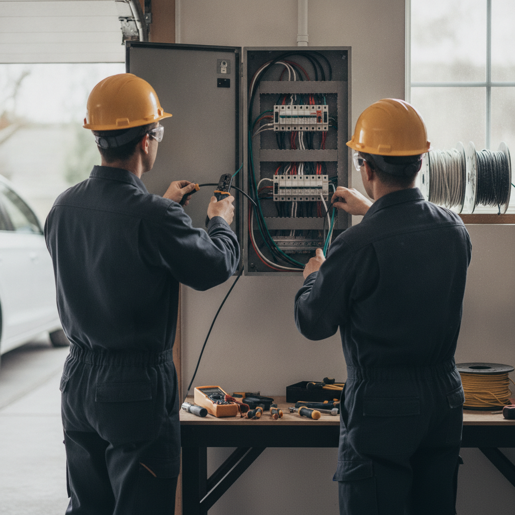 Create a realistic, professional service-business photograph showing Electrical Panel Installation from behind, with the backs of their heads visible. Do not show any faces, facial features, front-facing views or side views, profiles, or id
