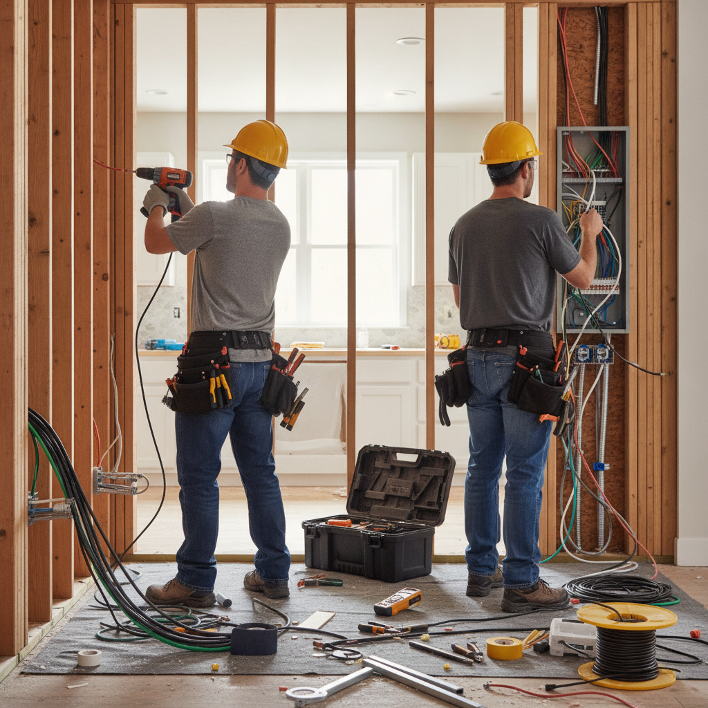 Create a realistic, professional service-business photograph showing Electrical Remodeling from behind, with the backs of their heads visible. Do not show any faces, facial features, front-facing views or side views, profiles, or identifiab